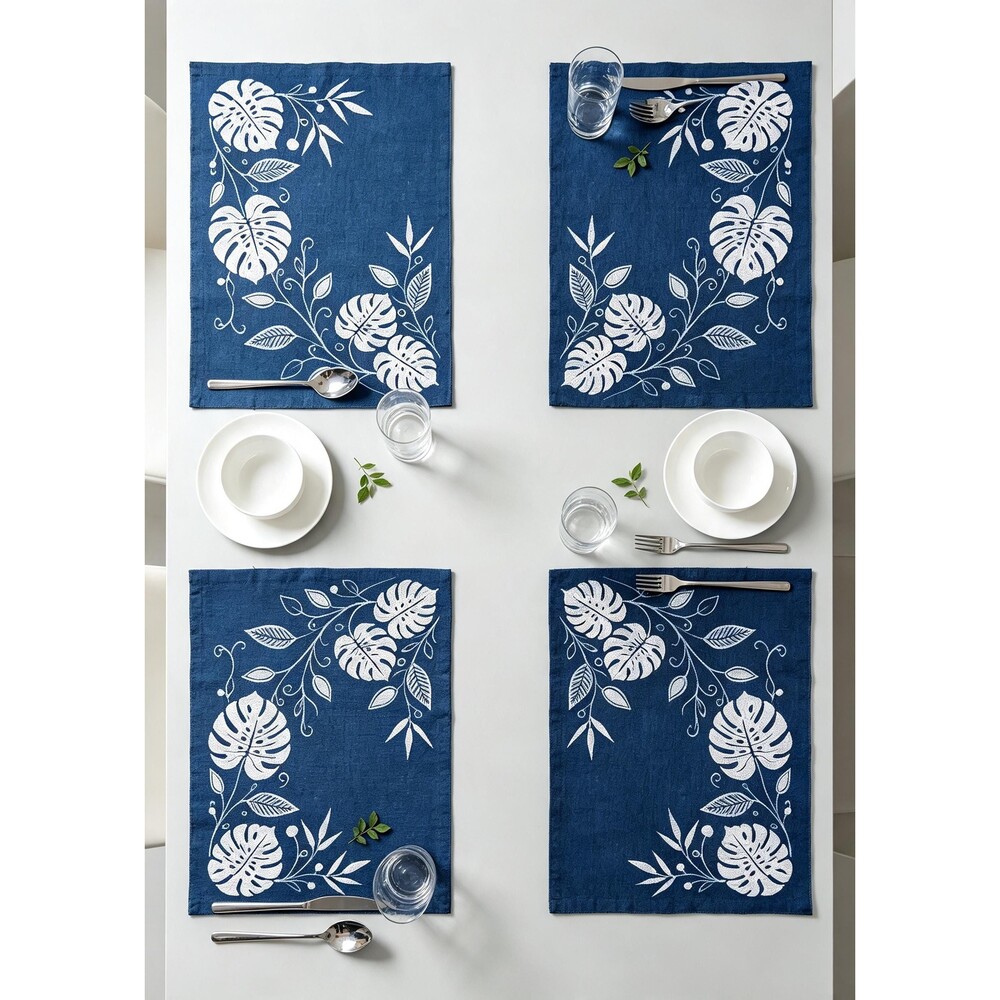 Handmade Indigo Batik Monstera Placemats, Botanical Table Mats, Kitchen Dining
